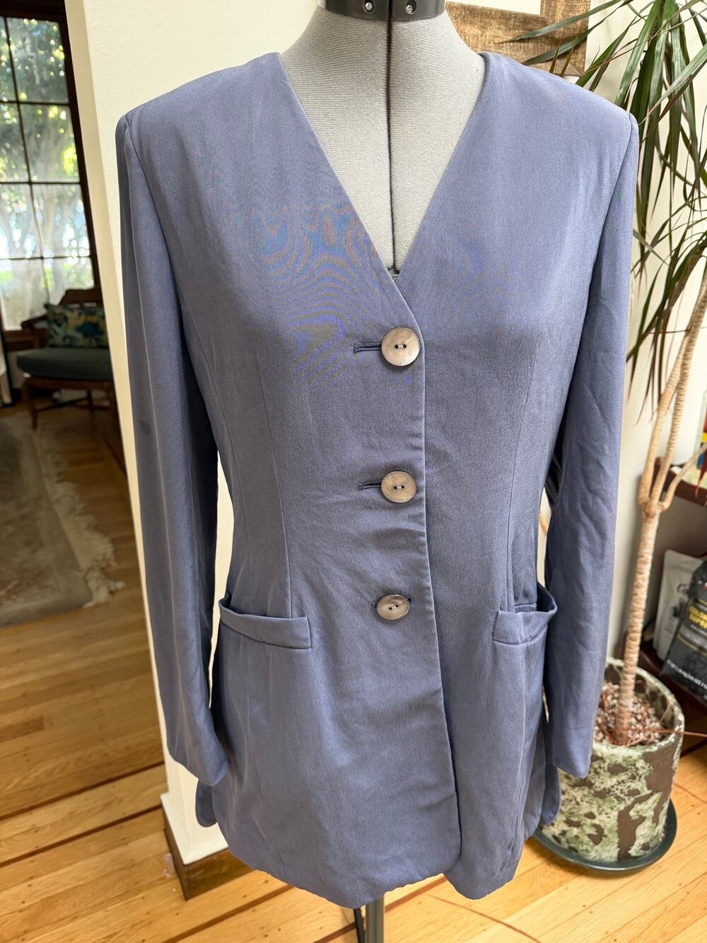VTG Jaeger 100% Silk Collarless Longline Blazer Jacket Slate Blue UK 8 US 6
